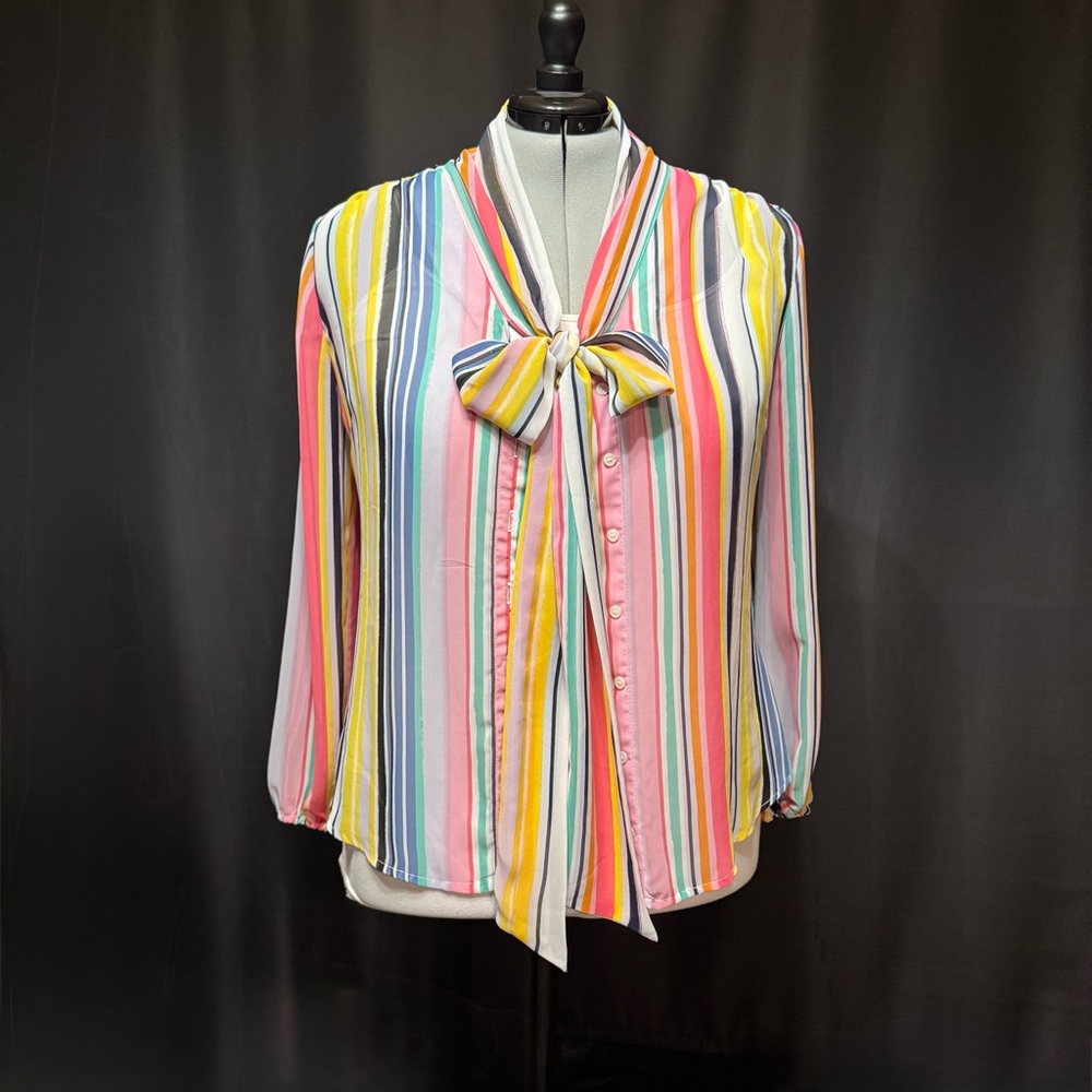 New York & Company Rainbow Sheer Vertical Stripes Tie-Neck Blouse | Size XL
